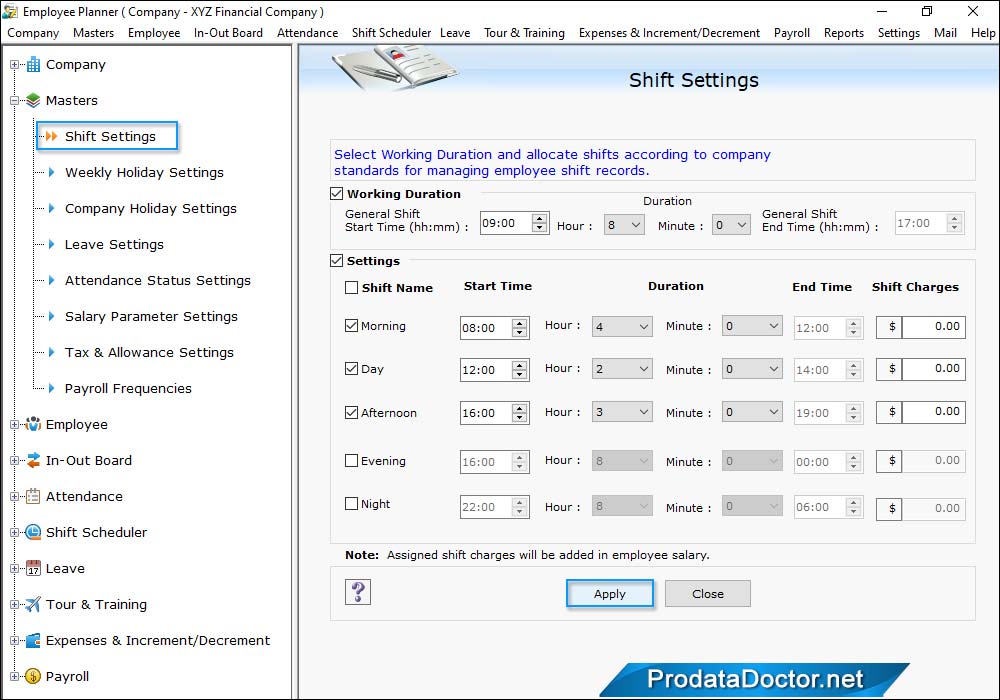 Employee Shift setting