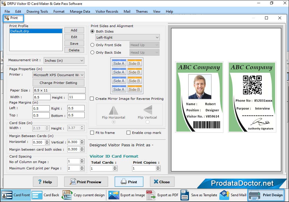 Print designed visitor id card